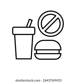 Fast food forbidden icon Outline thin line image of drink and burger with stop sign for nutrition alert or health concept