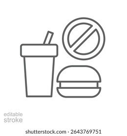 Fast food forbidden icon Outline thin line image of drink and burger with stop sign for nutrition alert or health concept