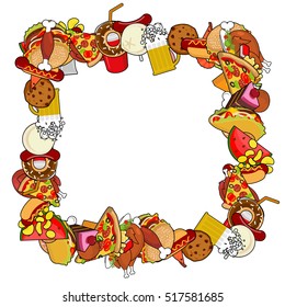 Fast Food frame. Background of feed. Edible cadre. Pizza and tacos. French fries and hamburger. Hotdog and cookies. Baked turkey and watermelon. Pork and cake. Donuts and dumplings
