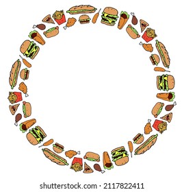 a fast food frame with an empty space for text. round pattern painted elements multicolored flat style french fries, hamburger, pizza, donut, sausage, on white for design template