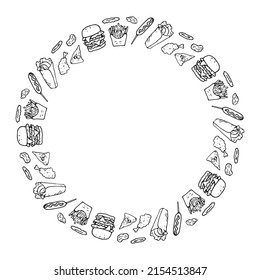 fast food frame with empty space for text. a template of the elements of fast food arranged in a circle, French fries, hamburger pizza, donut, sausage, in a flat style, on white for a design template