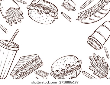 Un marco de comida rápida con una hamburguesa, hot dog, salsa, papas fritas, refrescos y café. Ilustración vectorial. Comida americana. Elementos para menús, Anuncios, diseños publicitarios, packaging e identidades corporativas de establecimientos de comida rápida. Imagen de estilo grabado.