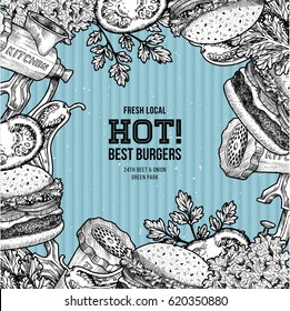 Fast food frame. Linear graphic. Snack collection. Junk food. Engraved illustration. Vector illustration