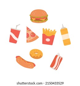  Fast food frame for menu design.Fries,burger,soda,beverage,
hotdog,pizza and mustard.Colored vector flat illustration.