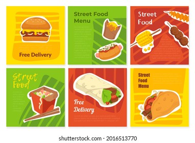 Fast food free delivery, modern meal post design set, vector illustration. Restaurant menu promotion with burger, hot dog. Social media banner with chinese noodles, kebab, shawarma, taco.