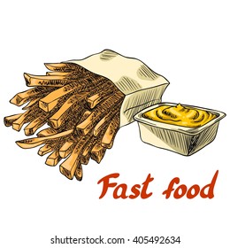 Fast food. French fries and cheese sauce. Isolated.