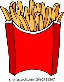 Fast food. French fries drawings. Illustration of French fries in a cardboard package, delicious popular food, vector image. Stylized images of food from fast food restaurants