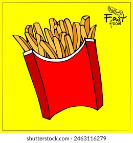 Fast food. French fries drawings. Illustration of French fries in a cardboard package, delicious popular food, vector image. Stylized images of food from fast food restaurants