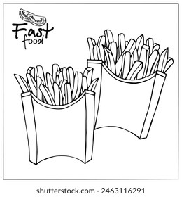 Fast food. French fries drawings. Illustration of French fries in a cardboard package, delicious popular food, vector image. Stylized images of food from fast food restaurants