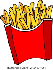 Fast food. French fries drawings. Illustration of French fries in a cardboard package, delicious popular food, vector image. Stylized images of food from fast food restaurants