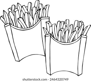 Fast food. French fries drawings. Illustration of French fries in a cardboard package, delicious popular food, vector image. Stylized images of food from fast food restaurants