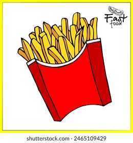 Fast food. French fries drawings. Illustration of French fries in a cardboard package, delicious popular food, vector image. Stylized images of food from fast food restaurants