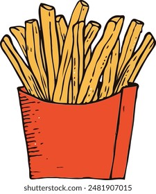 Fast food. French fries drawings. Illustration of French fries in a cardboard package, delicious popular food, vector image. Stylized images of food from fast food restaurants