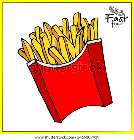 Fast food. French fries drawings. Illustration of French fries in a cardboard package, delicious popular food, vector image. Stylized images of food from fast food restaurants