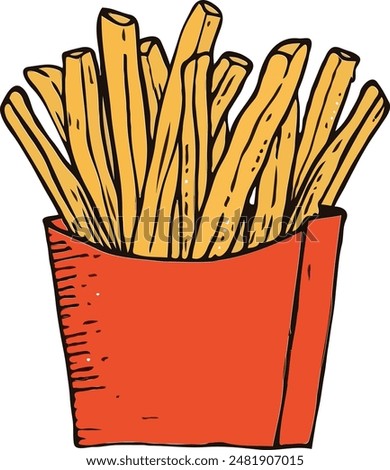 Fast food. French fries drawings. Illustration of French fries in a cardboard package, delicious popular food, vector image. Stylized images of food from fast food restaurants