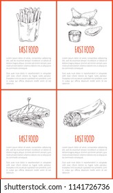Fast food French fries and fried chicken wings posters with text set. Sandwich with roasted bread Mexican burrito monochrome sketches outline vector