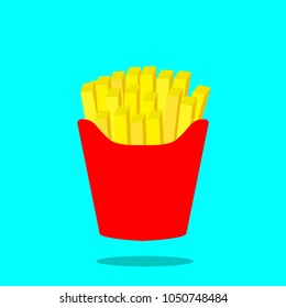 Fast food, French fries on a light blue background, tasty street food. French fries in paper box, isolated flat design.