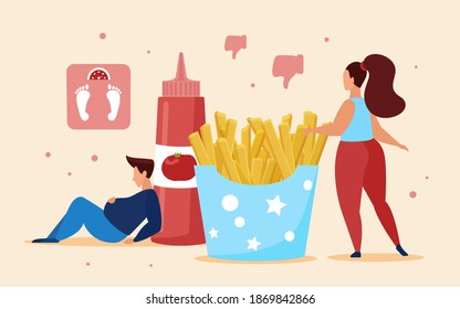 Fast food french fries, overeating concept vector illustration. Cartoon man woman characters eat too much unhealthy snack streetfood in cafe and become fat overweight. Junk meal nutrition background