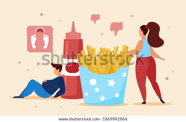 Fast food french fries, overeating concept\
vector illustration. Cartoon man woman characters eat too much\
unhealthy snack streetfood in cafe and become fat overweight. Junk\
meal nutrition background