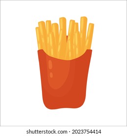 Fast food french fries in package, fastfood snack packaging vector illustration. Cartoon unhealthy french fries, junk food menu for restaurant or cafe isolated on white