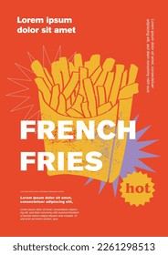 Fast food, french fries. Price tag or poster design. Set of vector illustrations. Typography. Vintage pencil sketch. Engraving style. Labels, cover, t-shirt print, painting.