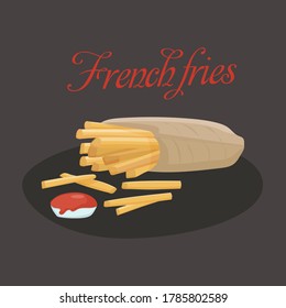 Fast food. French fries, rectangular slices in Kraft packing, and ketchup in sauce. Vector illustration of street food for menu and packaging design.