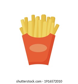 Fast food, French fries in a red package, tasty street food. Cartoon French fries potato in paper box icon, isolated on white background. Vector illustration in flat design.