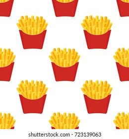 Fast food french fries seamless pattern, potato meal in paper box, container. Made in cartoon flat style. Vector illustration