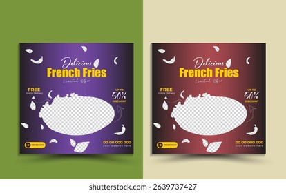 Fast Food French Fries Social Media Poster Or Flyer Design Template.Vector Illustration, Business Marketing Social Media Post Or Web Banner Template Design With Abstract Background Mockup