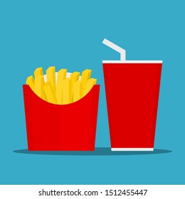 fast food, french fries and soda drinking water in red paper cup on blue background. vector illustration
