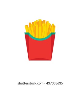 Fast food, French fries, tasty street food. French fries in paper box, isolated flat design. French fries fast food in a red package.