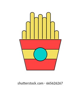 Fast food, French fries, tasty street food. French fries in paper box, isolated flat design. French fries fast food in a red package.