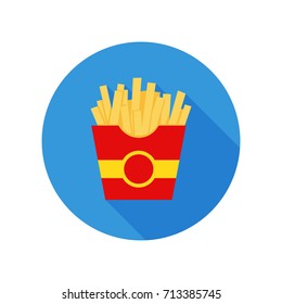 Fast food, French fries, tasty street food. French fries in red paper box, isolated flat icon.