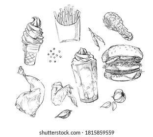 Fast food fried chicken burger french fries ice cream cone hand drawn sketches white isolation background