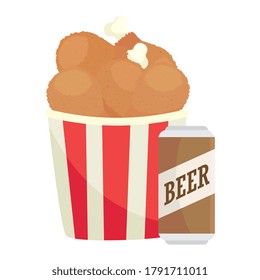 fast food fried chicken with can of beer, on white background vector illustration design