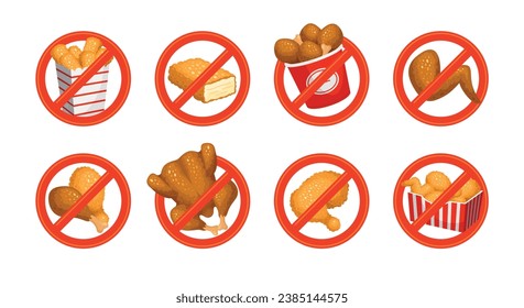 Fast food fried chicken crossed red frame forbidden sign set isometric vector illustration. Unhealthy crispy meal poultry leg wing nuggets stick bucket danger allergy junk meat warning circle symbol