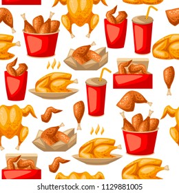 Fast food fried chicken meat. Seamless pattern with legs, wings and basket.