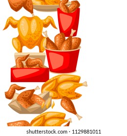 Fast food fried chicken meat. Seamless pattern with legs, wings and basket.