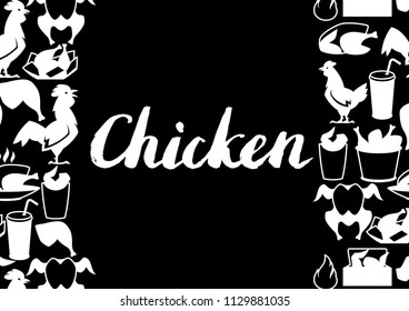 Fast food fried chicken meat. Background with legs, wings and basket.