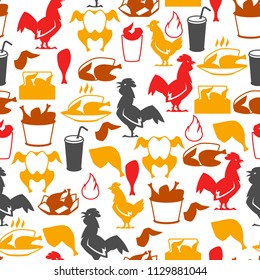Fast food fried chicken meat. Seamless pattern with legs, wings and basket.