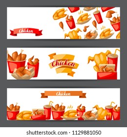 Fast food fried chicken meat. Background with legs, wings and basket.