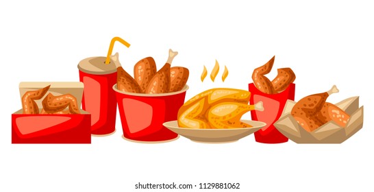 Fast food fried chicken meat. Background with legs, wings and basket.