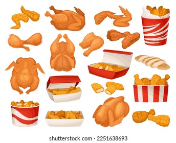 Fast Food Fried Chicken Meat as Crunchy and Crispy Snack Big Vector Set