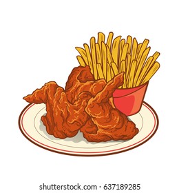 Fast food fried chicken meat and french fries. Vector illustration