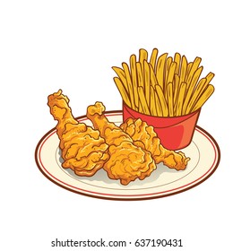 Fast Food Fried Chicken Meat And French Fries. Vector Illustration