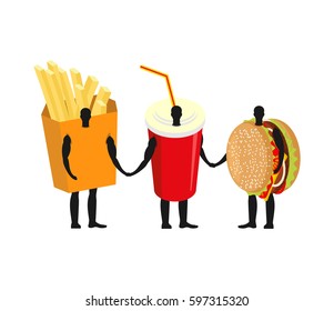 Fast food friends. French fries and hamburger. Drink in  red cup and burger to hold hands
