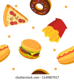 Fast food friends. Set of fast food. Fast food or junk food cartoon icons and objects. Wallpaper.