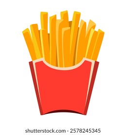 Fast food fries in red packaging box Vector illustration of fast food, crispy potato sticks Isolated on white background