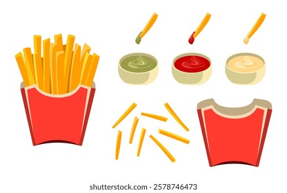 Fast food fries in red packing box. Vector illustration of fast food, crispy potato sticks, mayonnaise, wasabi and ketchup sauces Isolated on white background