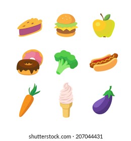 Fast food, fruits and vegetables icons set